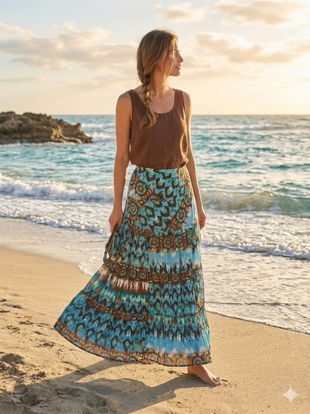 I.N. Studio Boho Ikat Tiered Maxi Skirt Blue Brown Size Large